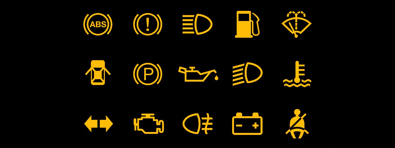 Yellow vehicle dashboard warning lights on a black background
